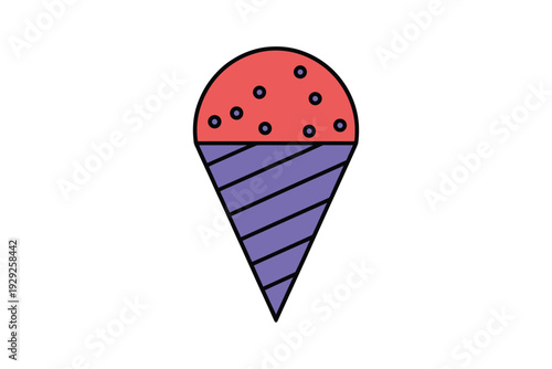 A colorful ice cream icon with a purple cone and red scoop