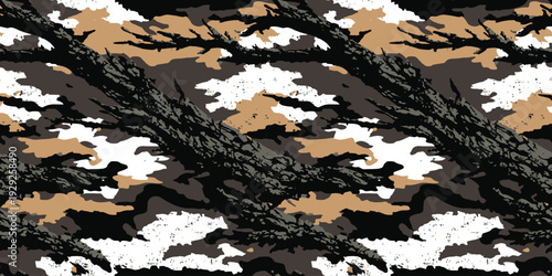 Vector hunting camouflage seamless pattern. Oak tree bark camo background. Mossy camo