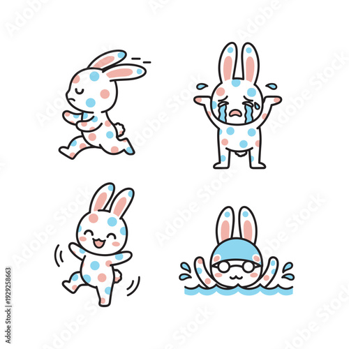 Cute cartoon bunny exercising and swimming in various poses with colorful polka dots