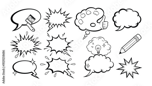Comic Thought Bubbles: A collection of various hand-drawn comic thought bubbles, speech bubbles, and idea concepts that offer creative storytelling