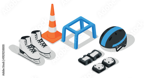 ice skating gear set with skates cone helmet and protective pads in isometric style