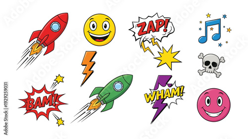 Comic Pop Art Elements: A collection of vibrant pop art elements including rockets, lightning bolts, speech bubbles with exclamations, musical notes, and smiling faces.