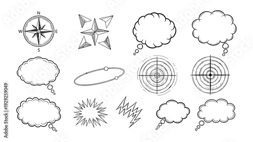 Assortment of Conceptual Illustrations: A collection of various illustration elements, including a compass, navigation icons, thought bubbles, and target graphics.