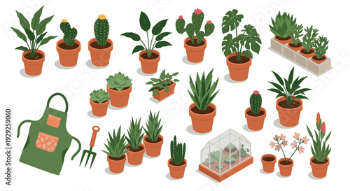 set of hand drawn potted indoor plants and succulents with gardening apron and tools in flat style