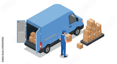 delivery man unloading cardboard boxes from blue cargo van isometric vector illustration