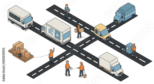 isometric delivery trucks and workers loading and transporting parcels in a warehouse logistics scene hand drawn illustration