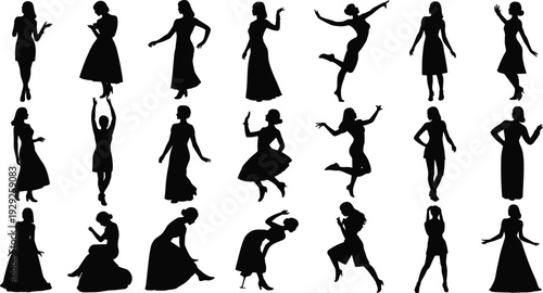 Collection of Elegant Women Silhouette Vector Illustrations Featuring Fashionable Poses Dresses and Dynamic Movements for Lifestyle Beauty and Apparel Design