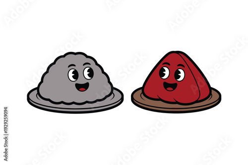 A cartoon onigiri character illustration with happy faces on plates