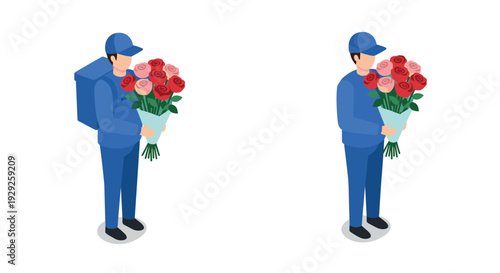 man holding bouquet of red and pink roses in isometric style flower delivery concept