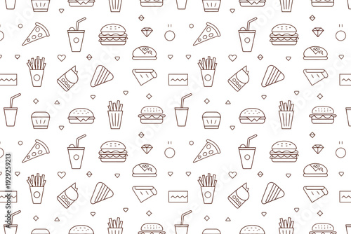 A seamless pattern of fast food icons in a minimalist line style