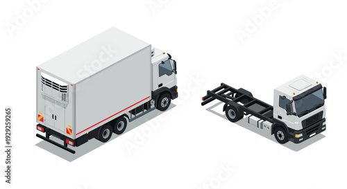 isometric cargo box truck and chassis cab set flat vector illustration for transportation and logistics