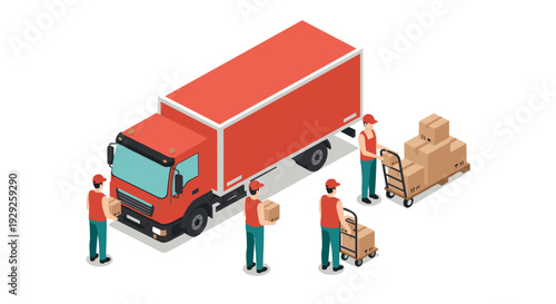 isometric delivery truck with workers loading and moving packages in hand drawn style for logistics and shipping