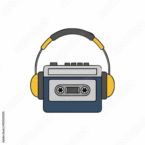 Retro Portable Cassette Player with Yellow and Gray Headphones Isolated on White Background Vector Art
