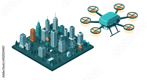 isometric smart city with drone flying above futuristic buildings and roads modern technology concept