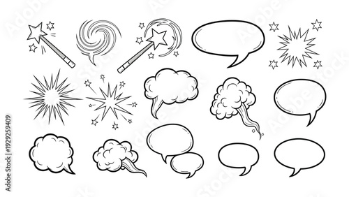 Speech Bubble and Magic Elements: A collection of hand-drawn speech bubbles, magic wands, and explosion shapes, perfect for comic book art and graphic design projects.