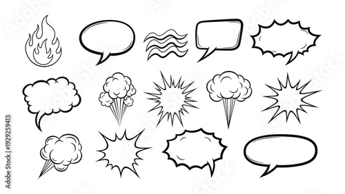 Comic Book Elements: A captivating collection of hand-drawn comic book speech bubbles, flames, and dynamic elements, perfect for adding energy and impact to any project. 