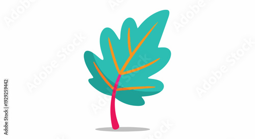 A stylized leaf with turquoise form, orange veins and a pink stem