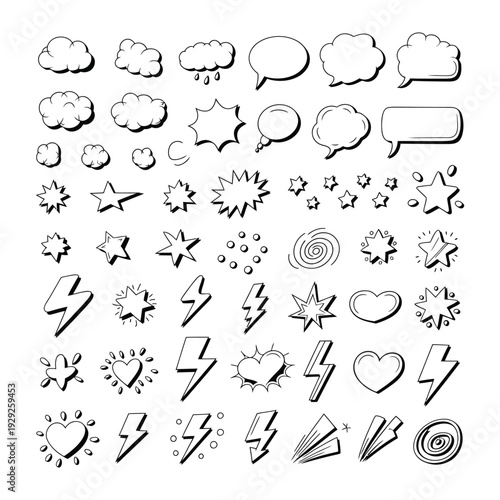 Elements of Design Set: A whimsical assortment of graphic elements, including clouds, speech bubbles, stars, lightning bolts, and hearts, perfect for adding a touch of flair to any creative project.