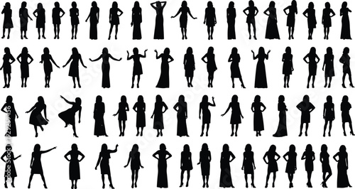 Diverse female silhouettes in various fashion poses and dresses isolated on white background vector