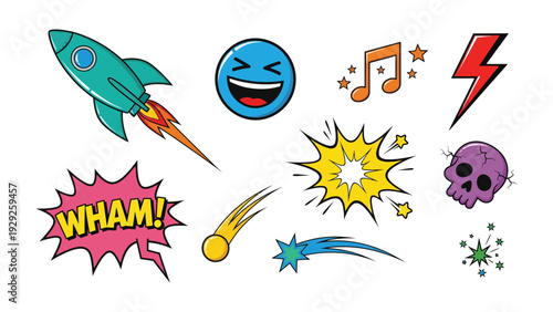 Fotografía Comic book elements set: A vivid collection of pop art elements, featuring a rocket soaring into the sky, a laughing face, musical notes, a lightning bolt, various speech bubbles