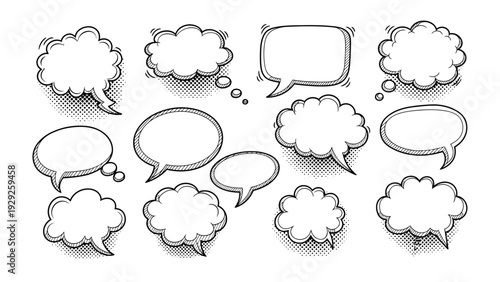 Speech Bubbles in Style: a collection of blank speech bubbles, offering space for messages or quotes. these diverse designs cater to various communication needs.