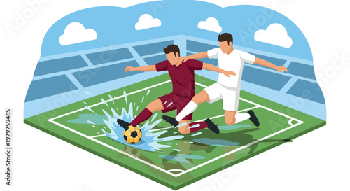 two soccer players competing for ball on wet field with water splash flat illustration