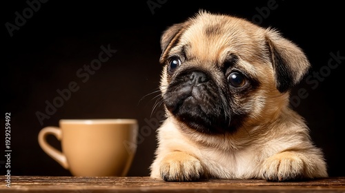 Innocent Pug Pup Contemplatively Observing Morning Brew on Rustic Timber Surface