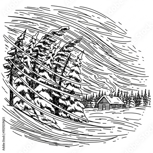 A black and white vector illustration of a snowy cabin scene with trees and a windy sky