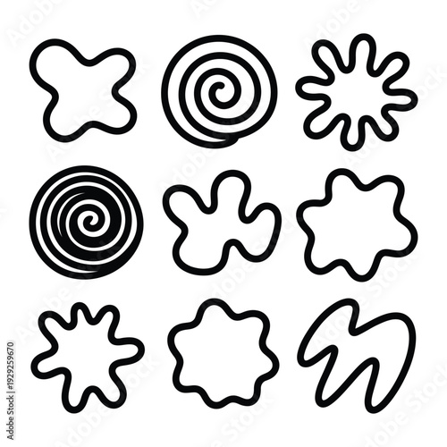 Abstract Shapes in Black Lines: A collection of simple yet intriguing shapes, rendered in bold black lines, each form exudes a unique character. 