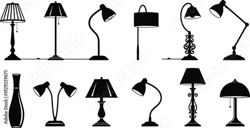 Collection of black table lamp silhouettes, desk light icons, floor lamp symbols, interior lighting furniture vectors, isolated home decor lamp set.