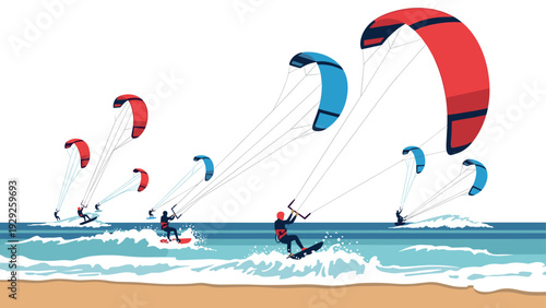 kitesurfers riding waves with colorful kites hand drawn vector illustration of water sports activity