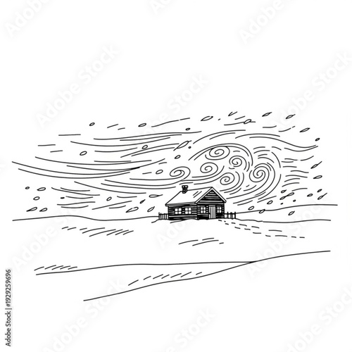 A minimalist line art illustration of a house in a snowy landscape with a strong wind blowing