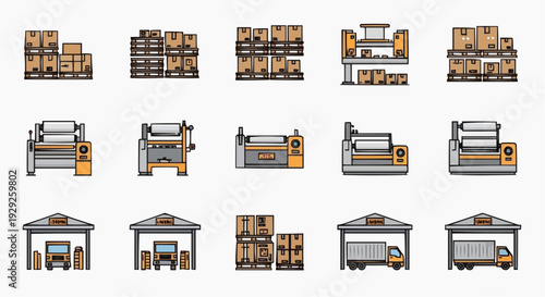 Warehouse icons collection featuring storage facilities, cargo handling equipment, and shipping containers in various configurations, showcasing logistical operations from different viewpoints.