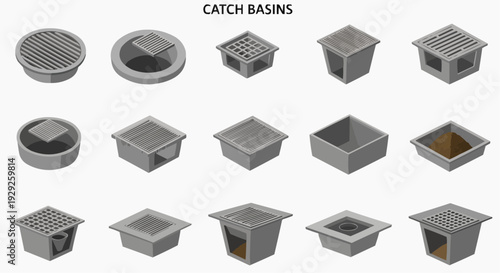 Various catch basins and drainage grates viewed from above in a grid layout illustration