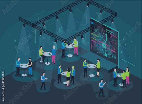 Wallpaper Mural Networking event with people discussing around tables in modern isometric illustration with cool blue lighting for tech conference Torontodigital.ca