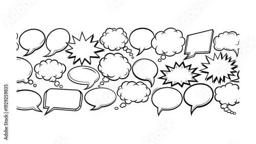 Comic Speech Bubbles: A collection of various hand-drawn speech bubbles, perfect for conveying thoughts, dialogues, and ideas in a dynamic visual manner.