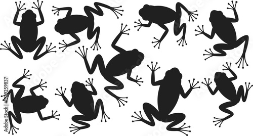 Collection of Frog Silhouette Vector Illustrations Featuring Various Jumping and Sitting Poses of Toads and Amphibians for Nature and Biology Design
