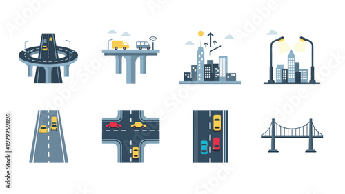 set of urban infrastructure icons with roads bridges cityscape and street lighting in flat style