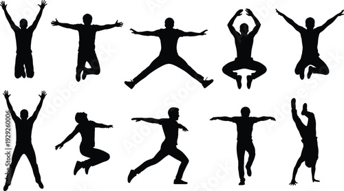 Collection of jumping man silhouettes, happy people jumping in air, success celebration poses, active lifestyle icons, freedom and joy vector set.