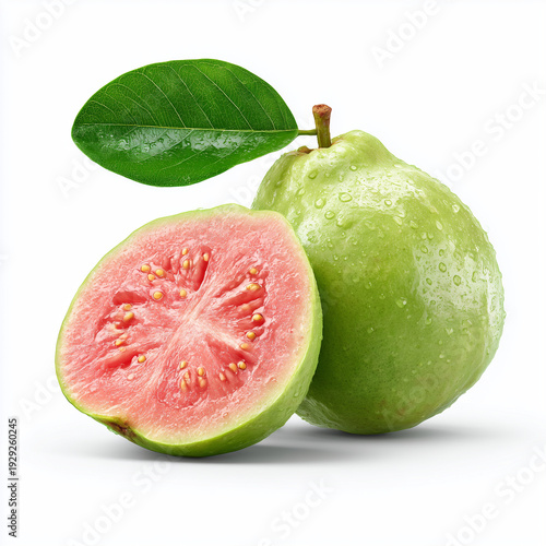 Ripe pink guava fruit with a fresh green leaf with a half-cut guava on white background.