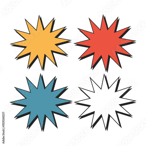 Burst of Creativity: A collection of four vibrant, starburst shapes, each with unique color and style. It is great for adding flair to any design.