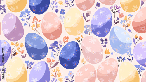 Seamless Easter pattern with colorful eggs and spring flowers on light background.
