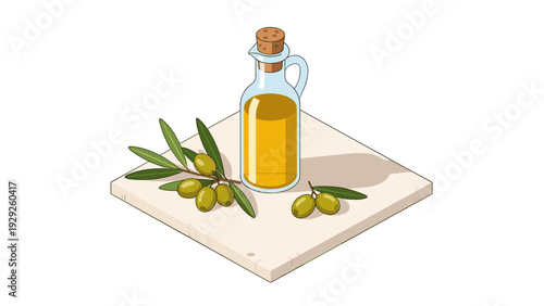 bottle of olive oil with fresh green olives and leaves on a wooden cutting board hand drawn illustration