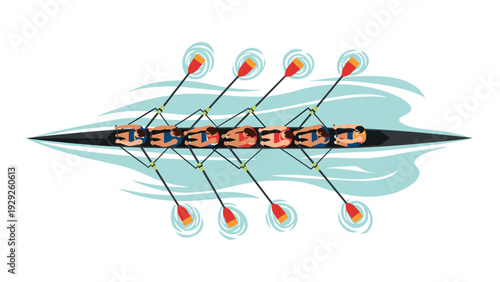 rowing team in boat with oars top view colorful flat illustration