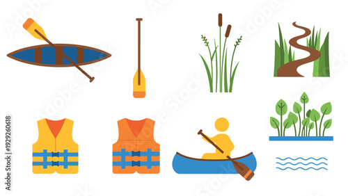 canoeing and kayaking equipment and nature elements flat icon set including boat paddle life jackets water plants and river path