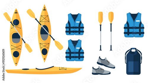 hand drawn set of yellow kayaks blue life jackets paddles shoes and waterproof bag for kayaking