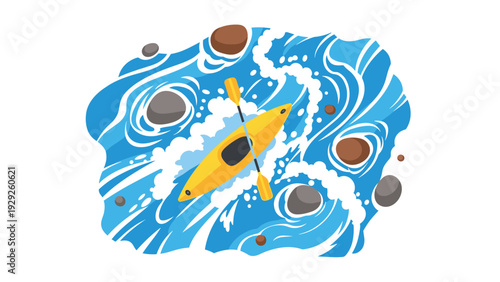 top view of yellow kayak on blue swirling river with rocks hand drawn illustration for outdoor adventure