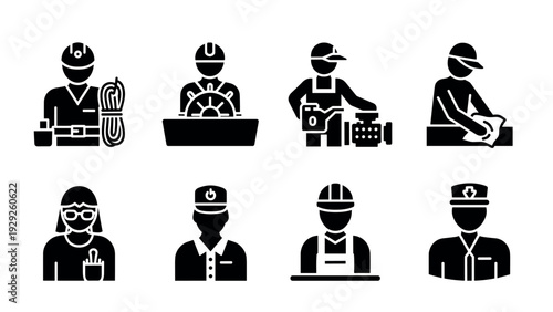 set of black silhouette worker icons in various professions including engineer, sailor, mechanic, cleaner, scientist, operator, construction worker, and nurse