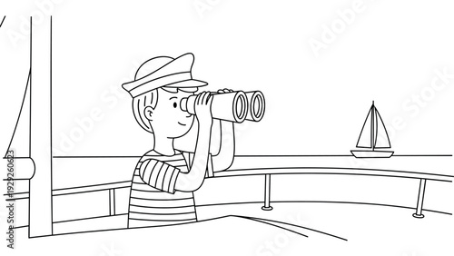 boy sailor looking through binoculars on boat deck hand drawn line art illustration