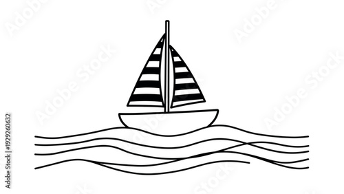 sailboat with striped sails on stylized wavy water hand drawn line art illustration